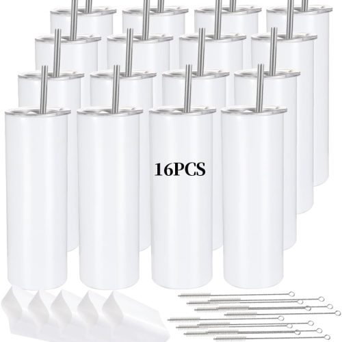 16 Pack Sublimation Tumblers Straight Skinny Tumbler Blanks Bulk 20oz for Heat Transfer, Individual Gift Boxed, Double Wall Insulated Tumbler with Shrink Wrap & Straws