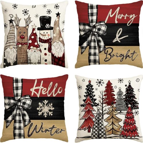CT0522-PC-43GT_1 AVOIN colorlife Merry & Bright Christmas Snowman Reindeer Gnome Throw Pillow Covers, 18 x 18 Inch Xmas Trees Hello Winter Holiday Cushion Case Decoration for Sofa Couch Set of 4