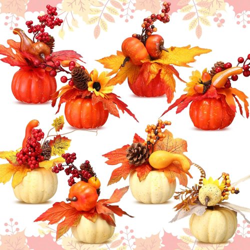 Wonderjune 8 Pcs Fall Pumpkin Thanksgiving Decor Set, Orange, Beige
