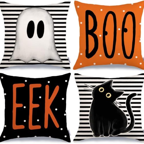 CT0529-SMR-41GT_1 GEEORY Halloween Pillow Covers 18 x 18 Inch Set of 4, Striped Polka Dot Spooky Ghost Black Cat Boo Eek Decorative Throw Pillowcases Indoor Holiday Decoration for Home Party Sofa Couch G0116-18