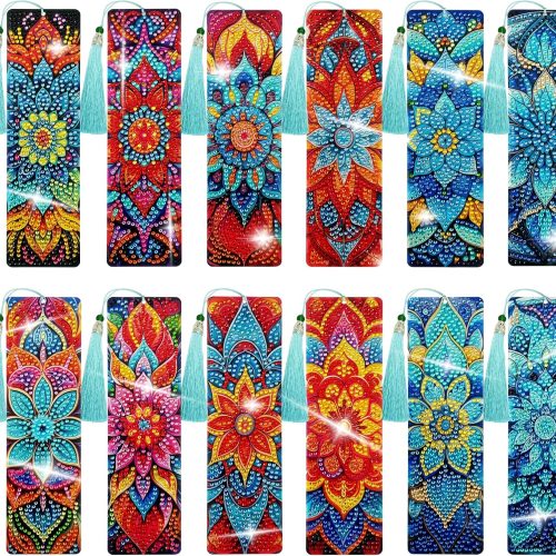 12 Pcs DIY Mandala Diamond Art Bookmarks for Adults Women Beginners Acrylic Dotz Kit 5d Floral Rhinestone Diamond Painting Bookmarks Diamond Art Book Marks with Tassels Crafts Supply