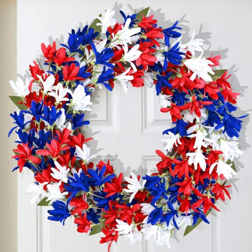 4th of July Wreath Patriotic Wreaths for Front Door, 20 inch Red White Blue Forsythia Flower Artificial Floral Wreath for Memorial Day Independence Day Veterans Day Front Door Wall Window Decor