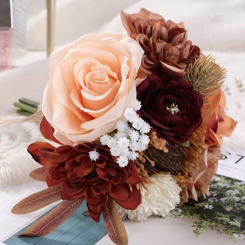 Wedding Bouquets for Bridesmaids Bride Burnt Orange Artificial Dahlia Handmade Silk Rose Bouquet Holding Flowers for DIY Arrangement Valentine's Day Party Church Home Decor