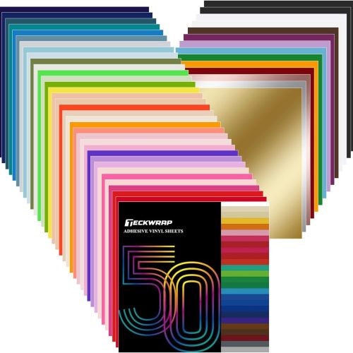 TECKWRAP 50 Pack 12" x 12" Permanent Adhesive Vinyl Sheets 48 Assorted Colors (Glossy & Matte) with 2 Transfer Tape for DIY Crafting, Decor Sticker Compatible with Cutting Machines