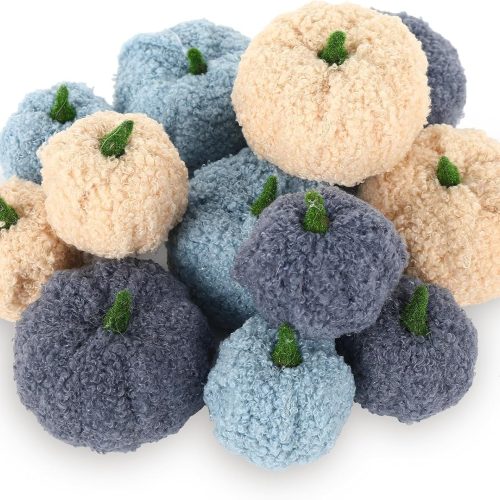 Whaline 12Pcs Assorted Faux Sherpa Pumpkins Decoration 2 Sizes Blue White Fabric Pumpkins Foam Pumpkin Fall Thanksgiving Table Centerpieces for Autumn Halloween Farmhouse Party Supplies