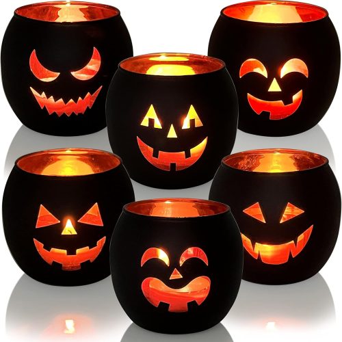 CT0617-FBR-72GT_1 Halloween Table Decor Set of 6, Jack O Lanterns Black Glass Votive Tealight Candle Holders, Halloween Decorations Indoor Party Mantel Coffe Table Centerpiece Decor