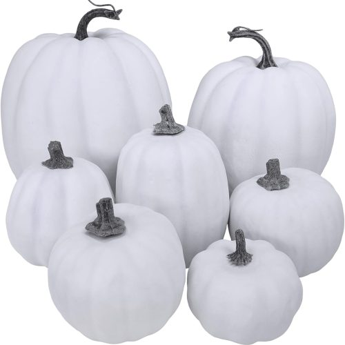 CT0619-FBR-65GT_1 Winlyn 7 Pcs Assorted Sizes Fall Artificial Pumpkins Harvest Pumpkins Faux Foam Pumpkins for Fall Autumn Season Halloween Thanksgiving Harvest Holiday Season Festive Tabletop Decoration (White)
