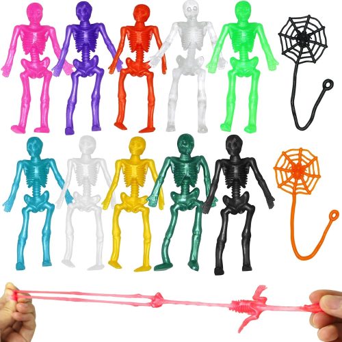 Hifunwu 60 Pcs Halloween Stretchy Skeletons Party Favors for Kids with Sticky Spider Webs, Assorted Halloween Stretchy Toys for Kids Party Favors, Halloween Goodie Bags Filler, Pinata Filler, Game Prizes