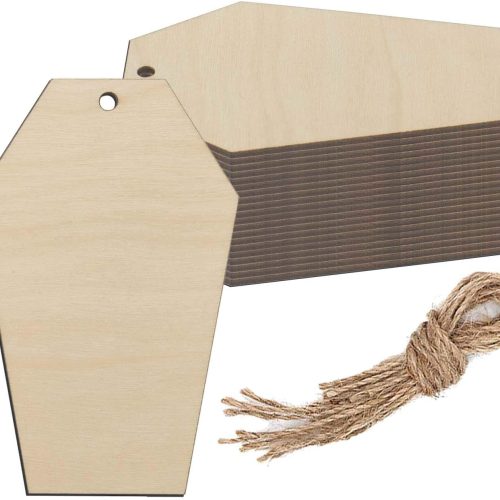 CT0626CRD169GT_1 Coffin Wood DIY Crafts Cutouts Wooden Tombstone Shaped Hanging Ornaments with Hole Hemp Ropes Wood Tags for Easter Wedding Birthday Halloween Christmas Decorations (2.5x3.94 in, 20-Pack)