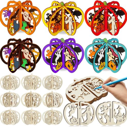 AceOrbit 36 Pcs Halloween Wooden Crafts Kits Pumpkin Bat Spider 6.7" x 7.9"