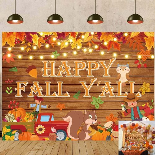 CT07010PRTD157GT_1 Happy Fall Y'all Banner Backdrop 7X5FT Autumn Maple Leaves Pumpkin Backdrop