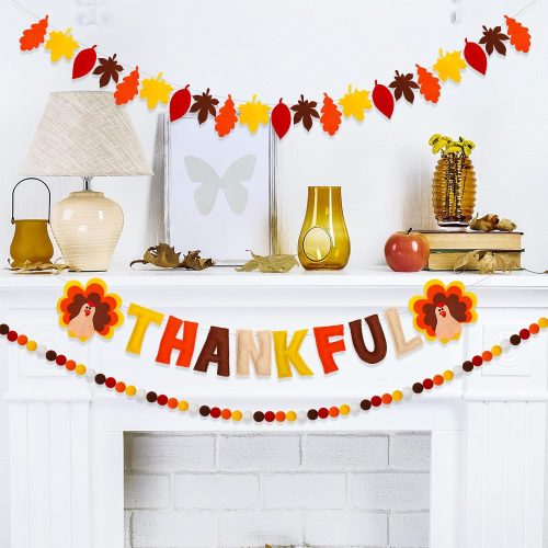 CT07010PRTD97GT_1 JarThenaAMCS 3Pcs Fall Thanksgiving Felt Garland Thankful Turkey Maple Leaf Hanging Garland Colorful Pom Ball Banner for Autumn Home Wall Fireplace Decor