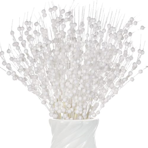 CT07013BTS323GT_1 Jmkcoz Artificial Glitter Berry Stem Ornaments Fake Christmas Picks Decorative Glitter Berries Bead Sticks Twigs for Christmas Tree Topper Wreath Holiday Wedding Party (12, White)