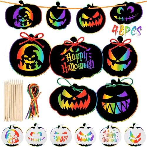 JULMELON 48Pcs Halloween Scratch Art for Kids, Pumpkin Crafts Bulk Kit DIY