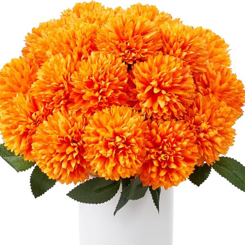 SITUMEIZI 12 Pcs Orange Artificial Chrysanthemum Flowers, Fake Mums