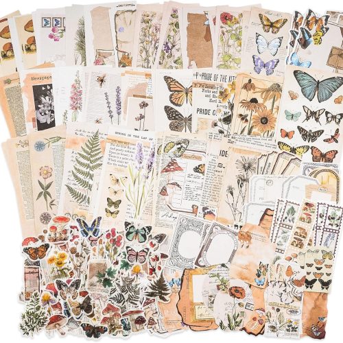 Knaid Vintage Scrapbook Supplies Pack (200 Pieces) for Junk Journal Bullet Journals Planners Botanical Paper Stickers Craft Kits Aesthetic Cottagecore Collage Album (Nature)