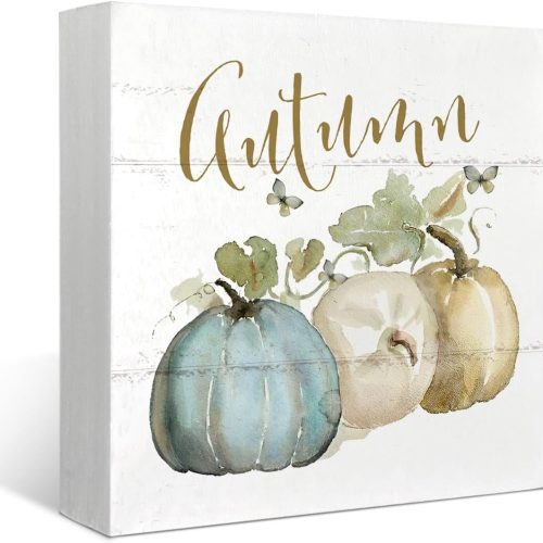 Fall Decorations For Home Wooden Box Sign,Blue Fall Decor Watercolor Pumpkin Autumn Neutral Fall Decor for Indoor Office Bedroom Table Kitchen Desk Shelf Rustic Farmhouse Wood Sign 5 x 5