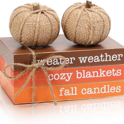 Fall Tiered Tray Decor, Wood Book Stack with Maple Leaves & Pumpkins