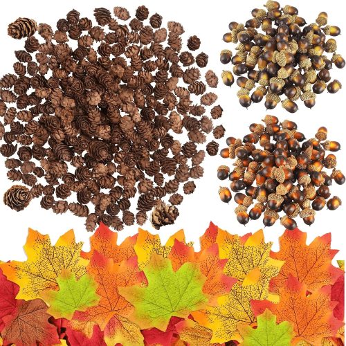 CT07022EZ492GT_1 200Pcs Artificial Acorn Artificial Maple Leaves Natural Mini Pine Cone Decor Set,Autumn Table Decorations Set Plastic Acorns Fall Leaves for Home Autumn Favor,Thanksgiving Day Christmas Wedding Decor