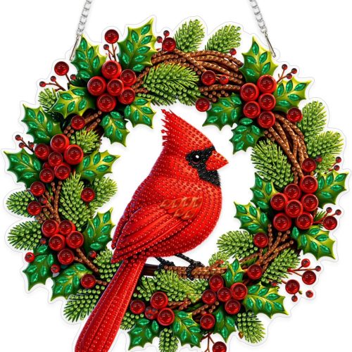 Yunzlly DIY Christmas Hanging Diamond Art Pendant Kit, Special Crystal Diamonds Painting Ornament Kit for Adults, Acrylic Hanging Gem Painting Board for Window Door Wall Decor (Cardinal Wreath)
