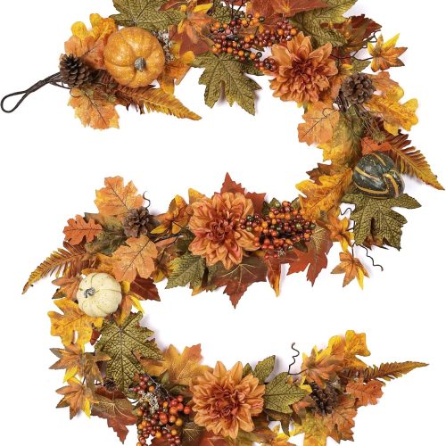 6 Ft Realistic Fall Garland for Mantle Autumn Maples Leaf Pumpkin Garland with Berries Pine Cones Dahlia for Fireplace Doorway Party Thanksgiving Halloween Farmhouse Porch Indoor Outdoor Decorations