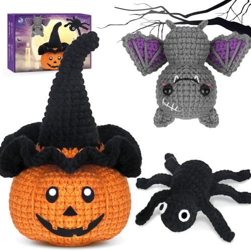 Crochetta Crochet Kit for Beginners, Halloween Decorations, Pumpkin Spider Bat Crochet Animal Kit for Adults and Kids with Step-by-Step Video Tutorials, DIY Knitting(40%+ Yarn)