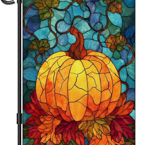 Fall Garden Flag 12x18 Inch for Outside Double Sided Fall Decorations Outdoor Yard Sign Stained Glass Pumpkin Maple Leaf Banner for Thanksgiving Autumn Decor