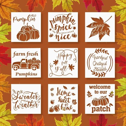 9 Pieces Reusable Thanksgiving Stencils for Painting on Wood, Pumpkin, Truck, Home Sweet Home, Harvest, Maple Leaf, Autumn Painting DIY Mould Decor, Fall Paint Farmhouse Wooden Signs, Wall Art