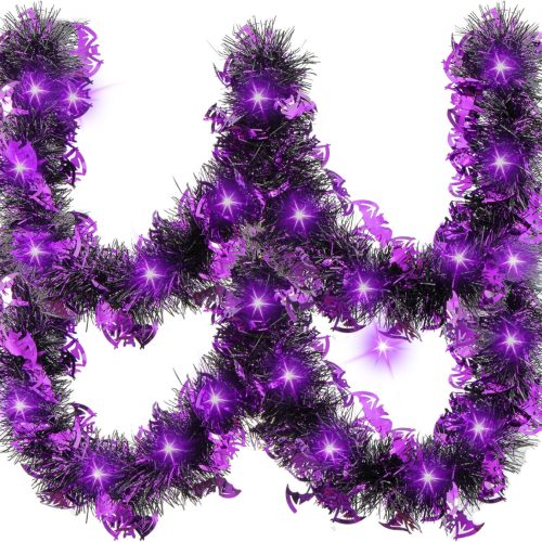 CT0811ZRA080GT_1 20FT/6M Halloween Tinsel Garland with LED Lights Metallic Twist Tinsel Garland Battery Operted Lighted Foil Hanging Decoration for Halloween Party Decoration Supply