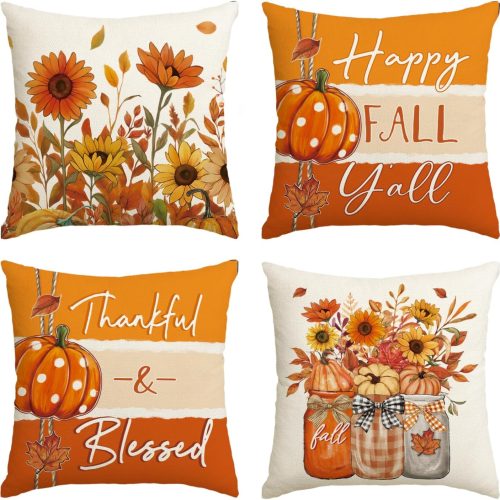 AVOIN colorlife Happy Fall Pumpkin Floral Pillow Covers 18x18 Inch Set of 4
