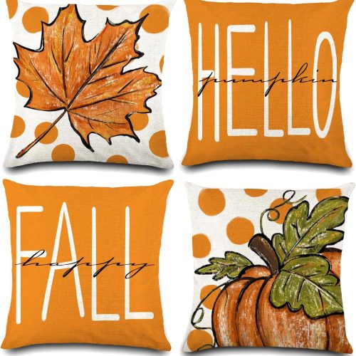 DULEFUN 4pcs Fall Pillow Covers 18 x 18 Inch Autumn Pumpkin Maple Leaves Harvest Throw Pillow Covers Cases for Thanksgiving Couch Cushion Sofa Outdoor Indoor Home House Decor