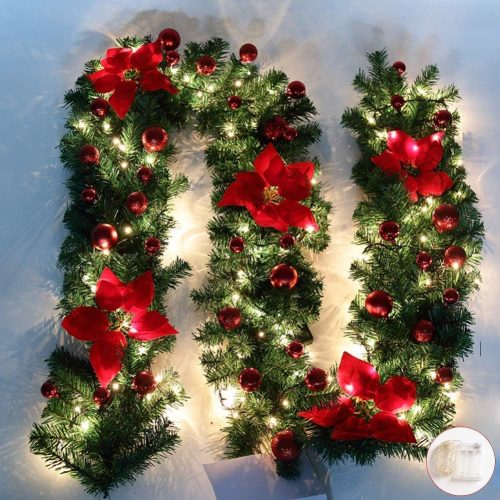 CT0814ZRA1049GT_1 Christmas Illuminate Garland, 9 ft Rattan Artificial Flower Vine Plants Outdoor Decorations, Pre-Lit Battery Operated (Battery Not Included)