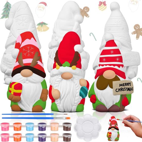 3 Pack Gnome Figurines, Christmas DIY Ceramic to Paint Craft Kit
