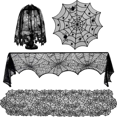 Boao 4 Pcs Halloween Spiderweb Lace Set Table Fireplace Covers, Style Set 1