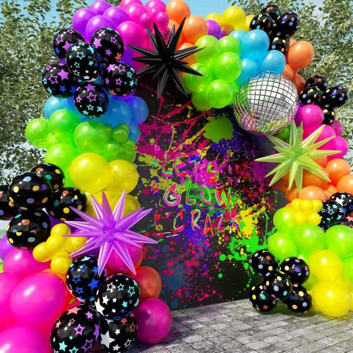 200Pcs Neon Balloons Arch Garland Kit with Glow in the Dark Balloons, Neon Balloons Arch Kit for Back to 80s 90s DISCO Birthday Party Decorations, Let's Glow Party, Rock Roll Party Supplies