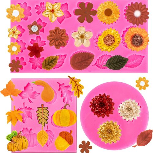 CT0906ZRA1765GT_1 3Pcs Fall Fondant Molds Fall Floral 3D Silicone Moulds Pumpkin Maple Leaf Flower Pine Cone Pattern Resin Molds Autumn Cupcake Cookie Candy Baking Moulds for Thanksgiving Party DIY Crafts