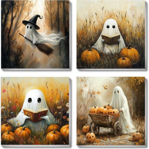 4 Pack Halloween Framed Paint by Numbers Kit for Adults Beginners, Ghost Pumpkin Adult Paint by Number Kits on Canvas, DIY Acrylic Oil Painting by Number for Kids & Adults for Home Decor 8x8 Inchs