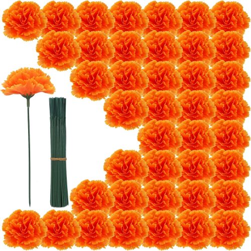 Geegoods 100PCS Orange Artificial Marigold Flower Heads with Stems