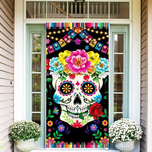 CT0906ZRA2757GT_1 Day of The Dead Decorations Door Banner Dia De Los Muertos Decorations Sugar Skull Flowers Door Cover Mexican Fiesta Hanging Banner for Halloween Party Decoration Supplies
