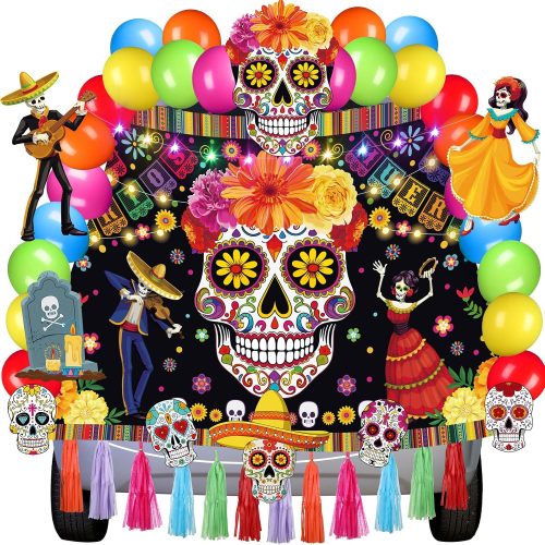 WinnerWhy 94 Pcs Day of The Dead Trunk or Treat Car Decoration Kit Dia De Los Muertos Car Decoration Halloween Decor for SUV Car Archway Garage Halloween Mexican Party Decorations