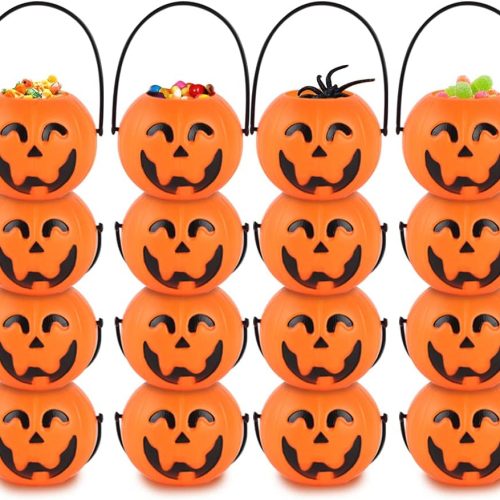 MCPINKY Mini Halloween Portable Pumpkin Bucket, 16PCS 2.5 inches Small Halloween Pumpkin Candy Buckets Children Trick or Treat Bags for Halloween Party Favor
