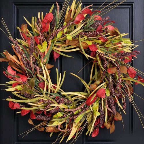CT0928ZRA180GT_1 TEMPUS 20 Inch Fall Leaves Wreath - Handmade Autumn Leaves and Wheat Harvest Decoration for Front Door, Indoor Wall, Thanksgiving, Farmhouse or Gift
