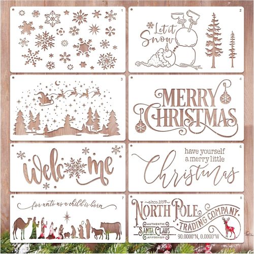 Christmas Stencils for Door Mats, Large Reusable Snow Welcome Christmas Sign Stencils for Painting on Wood Crafts Doormat Door Hanger Holiday (long8)