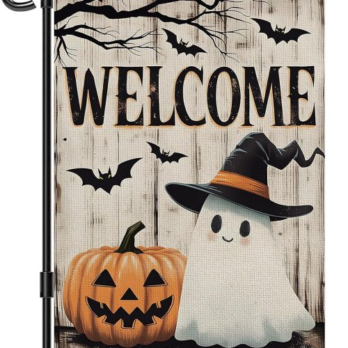 Halloween Decorations Outdoor Garden Flag 12x18 Inch for Outside Double Sided Halloween Welcome Yard Flag Ghost Pumpkin Banner for Holiday Home Decor