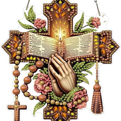 LPDJITO Religious Pray Hanging Diamonds Art kit for Adult, Cross Flowers Pendant Diamonds Painting Art Kit, Acrylic Diamonds Painting Board Kit Ornament, Special Crystal Diamond Hanging Ornament