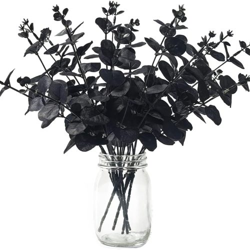 Laelfe Halloween Flowers Black Eucalyptus Stems Leaves Branches Fake Flower Arrangement Farmhouse Home Bathroom Decor 6Pcs (Black)