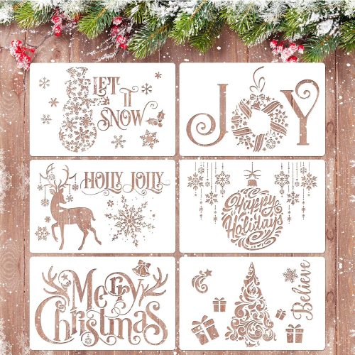 Whaline 6Pcs Christmas Stencils Template - Reusable Plastic Craft Xmas Painting Drawing Stencils Plastic Words Templates DIY Art Craft Home Decor, Merry Christmas Tree Deer Snowflake Gift (White