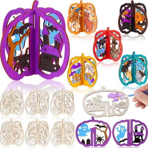 AceOrbit 24 Pcs Halloween Wooden Crafts Kits Pumpkin DIY 12 Sets Unfinished Pumpkin Pieces 3D Coloring Blank Wood Cutouts Freestanding for Table Decorations Arts Party(4.72 X 3.54,Spooky)