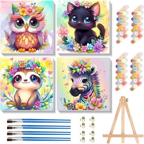 4 Pack Paint by Numbers Kit for Kids with Frame - Wooden Easel 8x8 inch