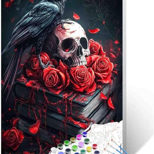 Tucocoo Dark Fantasy Black Crow On Book Paint by Numbers Sets Gothic Red Rose Skeleton Skull Head Paint by Numbers Kits for Adults, Fantasy Vintage Theme for Home Wall Decor 16''W X 20''H (Frameless)
